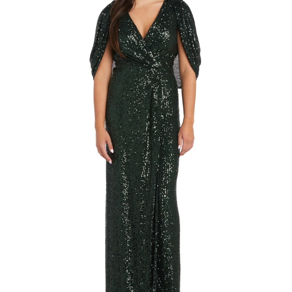 NWT Nightway Women's V-Neck Cape-Back Sequin Gown, Pine